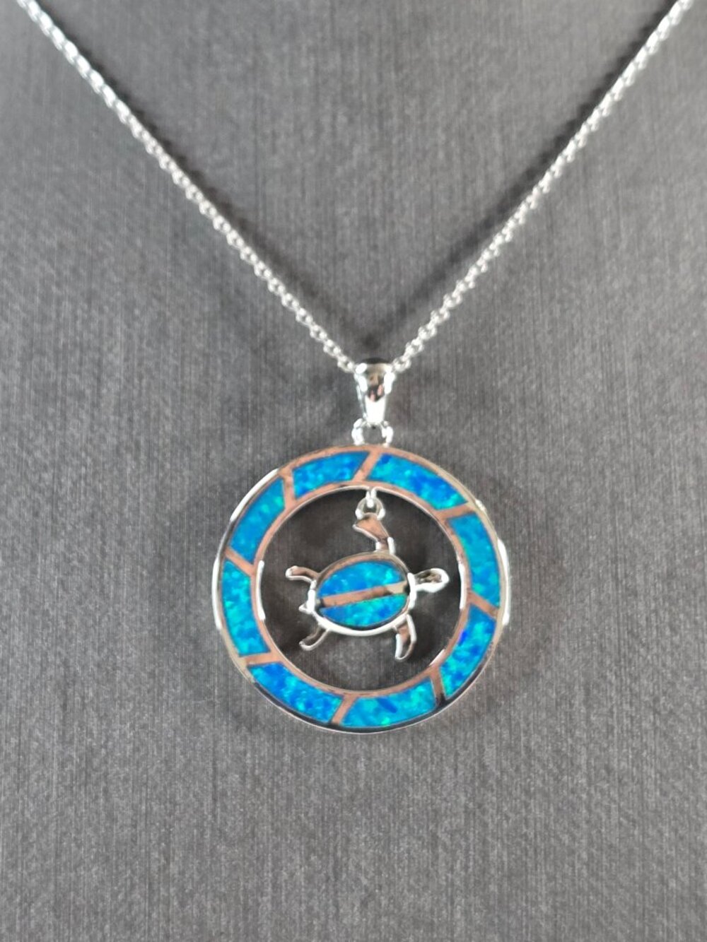 Womens Sterling Silver Blue Opal Sea Turtle Pendant Necklace 6.8g E3312